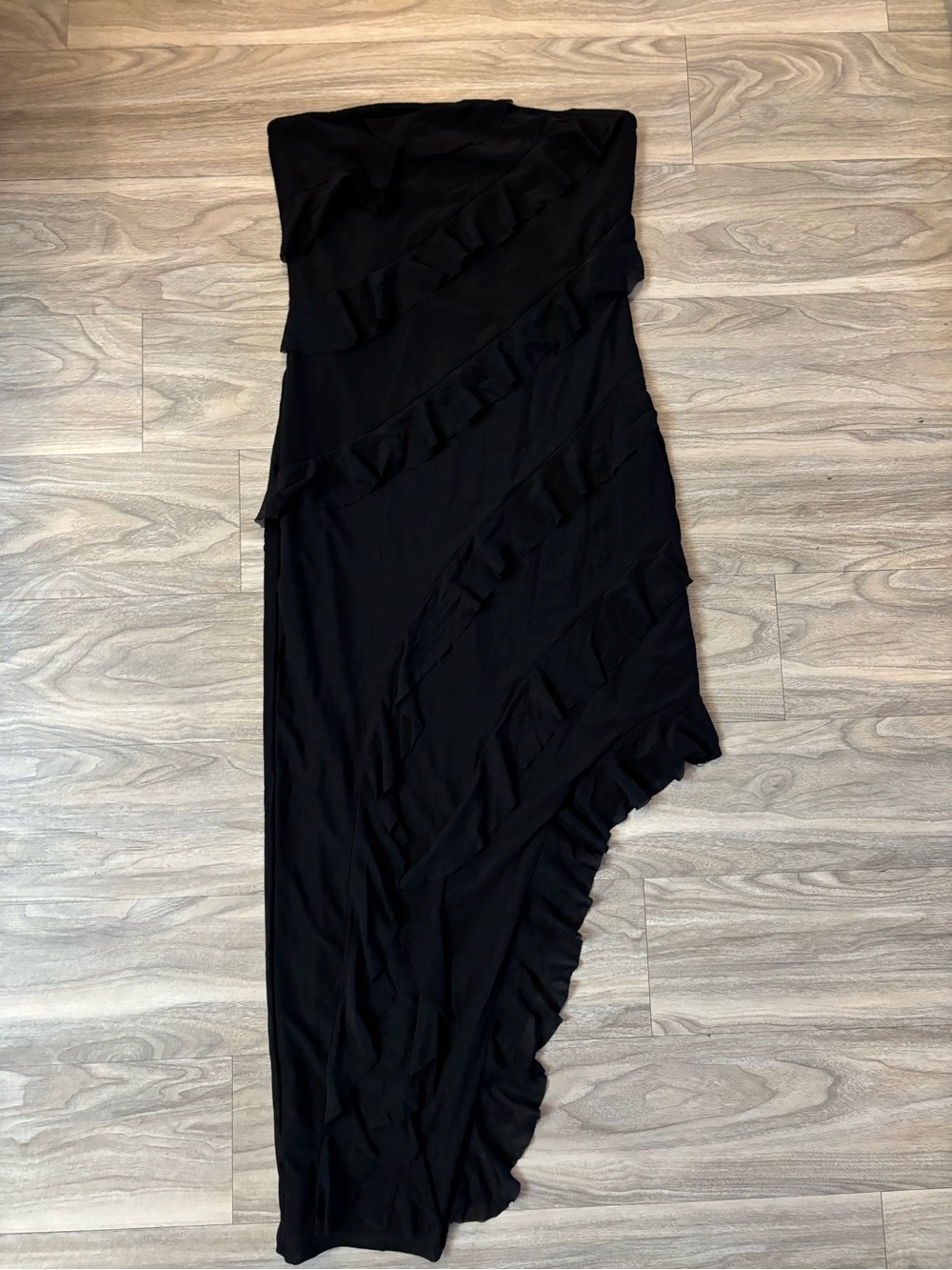Strapless Black Ruffle Asymmetrical Dress